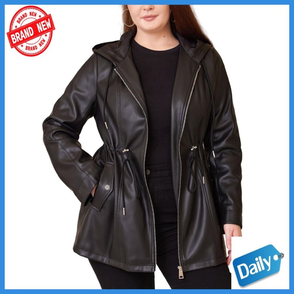 Plus Size Faux Leather Hooded Moto Jacket Trench Coat with Drawstring